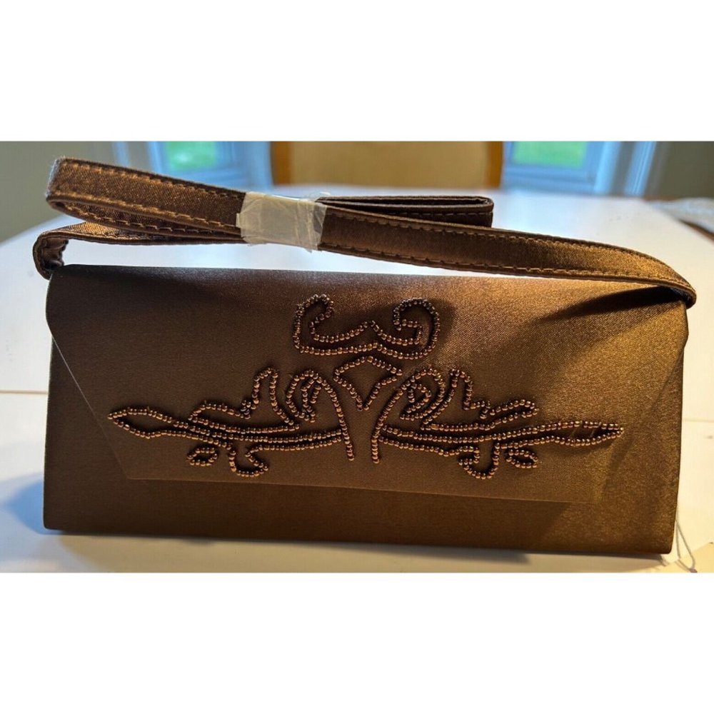 Women's Gp Prestige Purse Beaded Coffee Color Clutch Silver Chain Strap